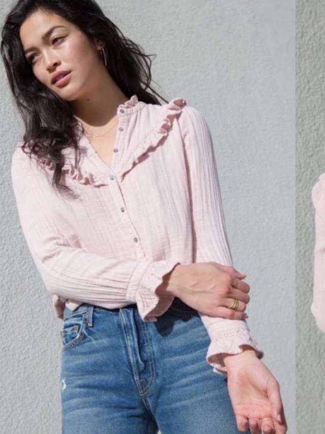 Xirena Esmay Ruffle Button Down Blouse Cotton Gauze Light Pink Size Large